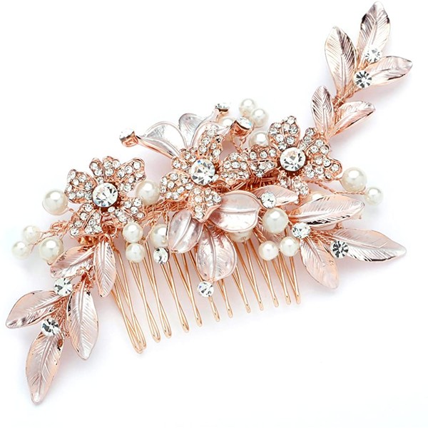 Mariell Rose Gold Designer Bridal Hair Comb Wedding Headpiece - Hand-Painted Leaves, Crystals & Pearls