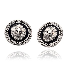Yellow Gold Plated Black Round Earrings Stud Push Back Lion 1" L319