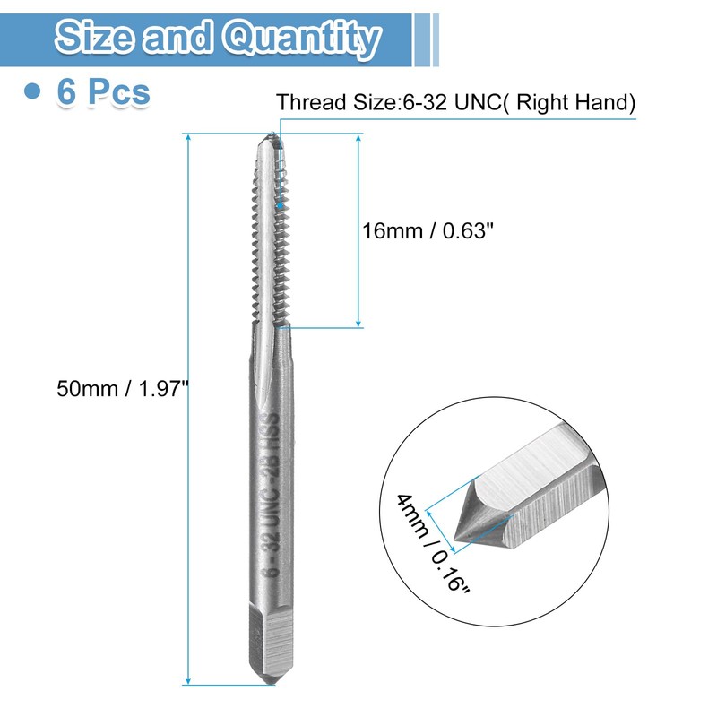 sourcing map 6pcs Straight Flute Thread Tap, 6-32 UNC Screw