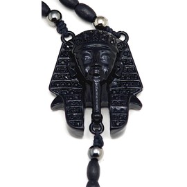 GWOOD Pharaoh with Ankh Wood Bead Rosary Black Color 31 Inch Long Necklace