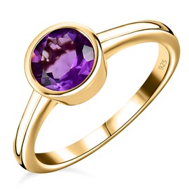 TJC Natural Amethyst Solitaire Ring In 14ct Yellow Gold Plated 925 Sterling Silver Engagement Ring for Women Size S Bezel Setting February Birthstone