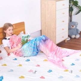 Catalonia Classy Mermaid Tail Blanket, Soft Warm Plush Fleece Sleeping Bag Snuggle Blanket for Teens 155 x 48 cm (61" x 19") Shiny Rainbow Ombre, Fish Scale Pattern
