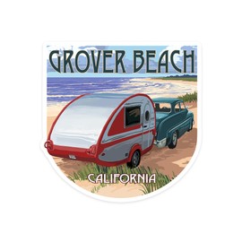 Die Cut Sticker Grover Beach, California, Retro Camper on Beach, Contour Vinyl Sticker 1 to 3 inches (Waterproof Decal for Cars, Water Bottles, Laptops, Coolers), Small