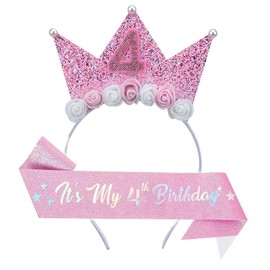 Leixi 4th Birthday Decoration for Girl,Pink Headband & Sash Set for Girl,Birthday Flower Princess Crown Headband for Outfit (Pink 4)