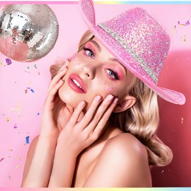 DAJOOEE Cowgirl Hat with Heart Sunglasses Sequin Glitter Cowboy Hat for Women Cosplay Bachelor Party Costume Hats (US, Alpha, One Size, Pink)