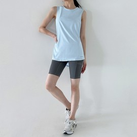 Sports Mesh Cover-up Sleeveless Top and Biker Shorts Capri Leggings Set Top (White) Free / Bottom (Gray) M 3ea