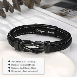 CheersLife Men Leather Bracelet Gifts for Men Black Braided Bracelet Engraved with Love You Forever Birthday Christmas Graduation Gifts for Boyfriend Husband with Adjustable Magnetic Clasp