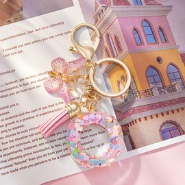 QUKE Fashion Alphabet Initial Letter Keychain Pink Tassel Butterfly Pendant Key Ring for Purse Schoolbags Women Girl - O