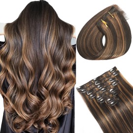 Clip in Hair Extensions Real Human Hair, Seamless Balayage Human hair Clip ins Extensions for Women Invisible Straight 8Pcs Double Weft Dark Brown Highlight Chestnut Brown 18inch 100g