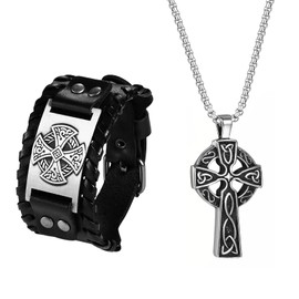 Aroncent 2Pcs Celtic Cross Necklace Bracelet Set, Black Wide Leather Bracelets Punk Rock Biker Cuff Wrap Wristband, Cross Necklace for Men Viking Irish Knot Serenity Prayer Pendant