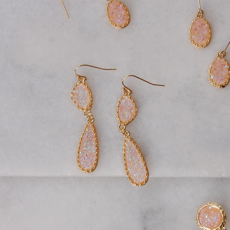 Humble Chic Simulated Druzy Teardrop Dangle Light Pink Earrings for