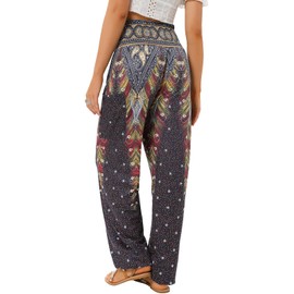 QIANXIZHAN Women's Harem Pants, High Waist Yoga Boho Trousers with Pockets Black Flower 3XL