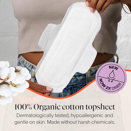 Cora almohadillas para orejas de algodón orgánico ultra delgadas con alas y tecnología de absorción en seco, Regular, 36 unidades
