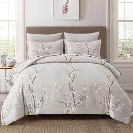 Double Size Grey Plum Flower Printed Duvet Cover Set bedding Set 3 pcs Soft Microfiber Botanical Branch Duvet Cover with 2 Pillowcases and Zipper Closure 200 x 200cm