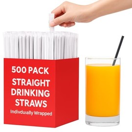 XpressPak 500 Pack Black Plastic Drinking Straws – 7.75” x 0.23” – Individually Wrapped, Food-Grade, Plastic Straight Straws for Hot & Cold Beverages