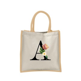 Monogram Initial Canvas Jute Tote Bags for Women - Cotton Shoulder Bags, Reusable Bags for Shopping, Gift bags, Book Bag, Travel Bag, Shopper Bags - Floral Letter A - Natural - L
