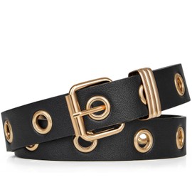 FIORETTO Single Grommet Leather Belt Women Men Punk Rock Waist Belts for Jeans Pants Single Holes Black-Gold