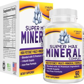 Super-MAX Multimineral Supplement (Iron Free) | High-Potency 15-in-1 Multi Mineral Supplements Formula | Daily Mineral Support Blend | 30-Day Supply | 60 Tablets