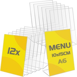 TAPKUA Display Table Stand, Table Stand, Transparent Acrylic Sign Holder for Brochures, Menu Card, Advertising, Photo Frame (Pack of 12 - A6)