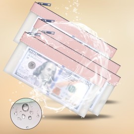 VOCHIC 4pcs Storage Bags with Zipper, Pink TPU Money Pouch, Clear Bank Deposit Bags, Waterproof Cash Bag for Collectors, Multi-Purpose Check Wallet (Pink, 7.6 x 3.7 inch, 4 Bags)