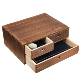 ExoLiry Rustic Torched Brown Wood Desk Storage Cabinet Drawers Round Cutout Handles Countertop Wooden Organizer Table Top Stand Box Holder Jewelry Keepsake Caddy Mini Dresser Home Office Farmhouse