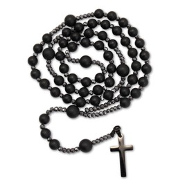 Nazareth Store Stone Beads Men Rosary Necklace Hematite Beaded Cord Necklace with Black Metal Cross Handmade Religious Mens Jewellery, Zinc, Hematite