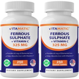 Vitamatic Ferrous Sulphate 325 mg + Vitamin C 100 mg- 250 coated tablets-2 Pack