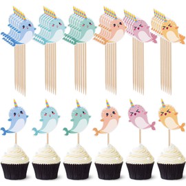 48 Pieces Narwhal Cupcake Toppers Dessert Cupcake Toppers Narwhal Birthday Party Decorations Supplies for Girls Under the Sea Theme Party Narwhal Baby Shower Decorations