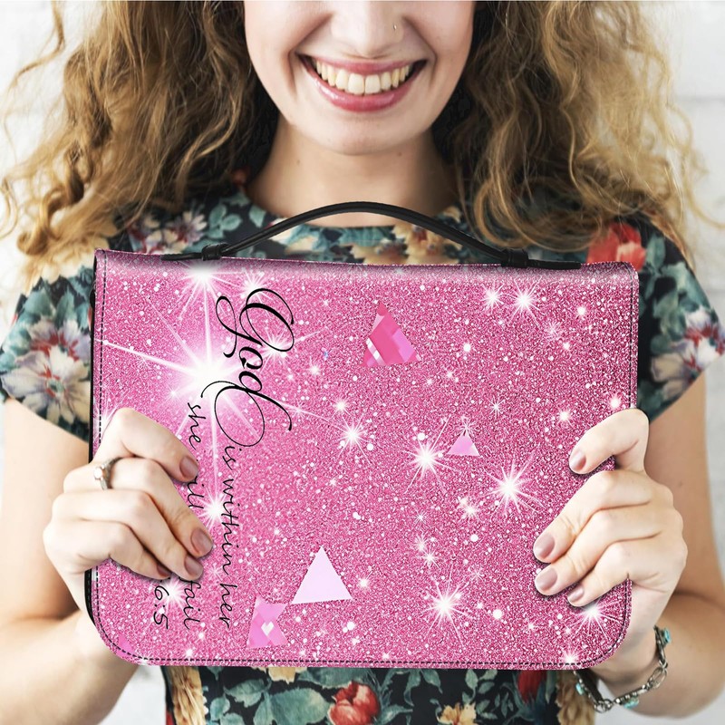 Pink Glitter Bible Cover for Women and Girls - Leather