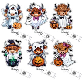 Huquary 6 Pcs Halloween Ghost Highland Cow Badge Reel with Clip Retractable ID Card Badge Holder for Nurse Paramedic Medical Worker Nursing Student Teacher Office Worker