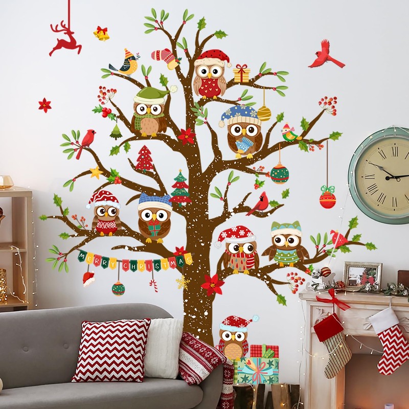 Christmas Owl Tree Window Clings Double Sided Static Vinyl Cling