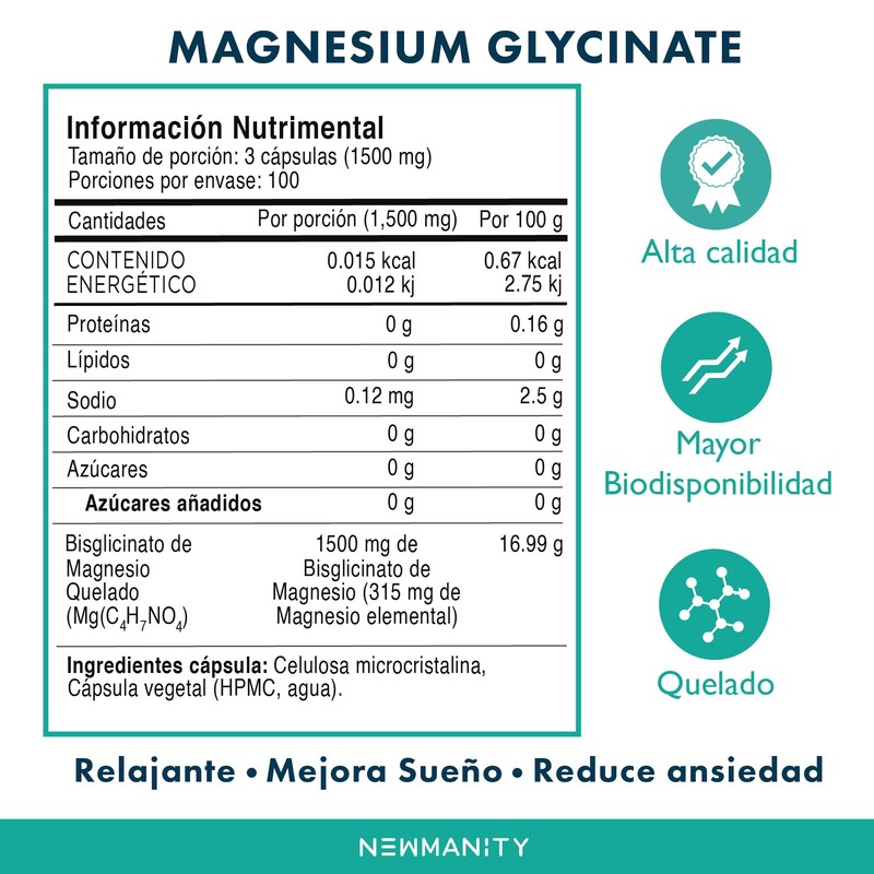 NEWMANITY Glicinato de Magnesio 500 mg BeWelly – 300 Cápsulas