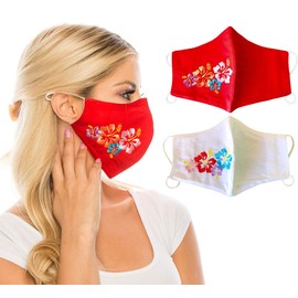 unik Special Edition Large Cloth Face Covering with Hawaiian Hibiscus Flowers Embroidered on The Side, Filter Pocket,2 Pack, Washable and Reusable (White & Red)