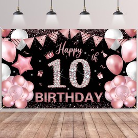 10th Birthday Backdrop Banner,BTZO Happy 10th Birthday Decorations,Rose Gold and Black Birthday Fabric Photo Background for Kids Boys Girls 10th Birthday Anniversary Party Decor,180×110cm