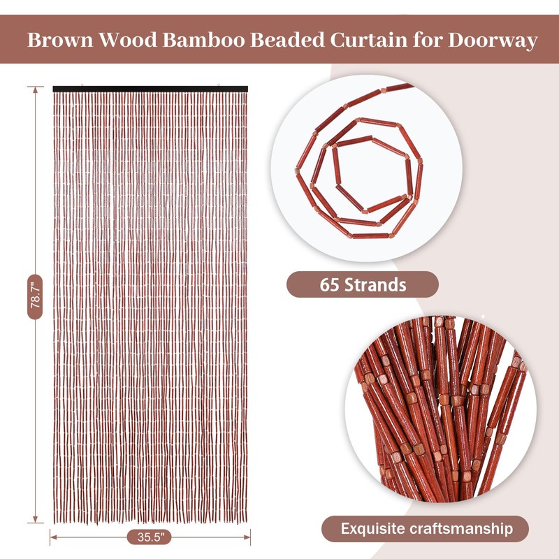 Handmade Bamboo Beaded Curtains for Doorways, 65 Strands 35.5x78.7inch Natural