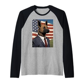 Funny German Shepherd in Suit with American Flag Raglan Baseball Tee