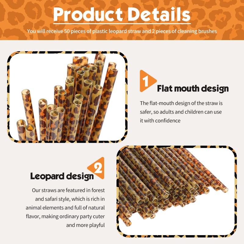 Pack of 50 Reusable Leopard Pattern Plastic Drinking Straws Printed