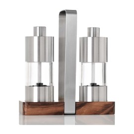AdHoc Menage Classic Salt and Pepper Mill Gift Set - Glass Salt & Pepper Grinder Set - Fully Adjustable Salt & Peppercorn Mill - Mill Tray Included - Kitchen Tool & Gadget - Stainless Steel/Acacia, 6"