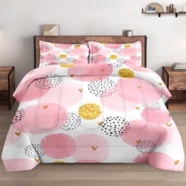 WeCozy Queen Size Comforter Set with 2 Pillowcases, Pink Golden Dot Polka Soft 3 Pcs Bedding for Kids and Adults Bedroom Bed Decor