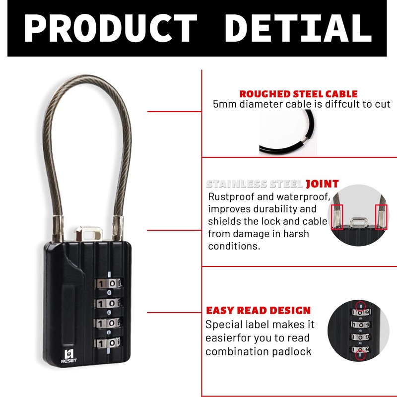 RESET -204 4-digit combination lock with 10 cm wire rope,