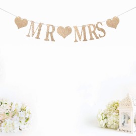 Champagne Gold Glittery MR & MRS Banner - Banner for Bridal Shower, Wedding, Engagement, Anniversary Party Supplies