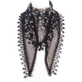 GFM® Summer Triangle Scarf with Lace and Tassels - Black - (TRI-2100-KL)