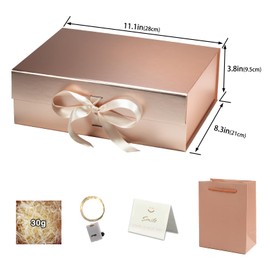 SHENBATTLE Gift Box with Lid,Gift Box with Bows, Foldable Gift Box, Decorative Box, Gift Box Set, LED Fairy Lights, Raffia Hamper Shreds, Gift Packaging Box for Wedding Birthday (gold)