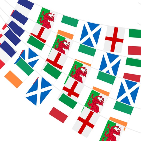 AhfuLife Six Countries Nations Flags Bunting for Rugby Party Decoration, 30 Flags - 12M Long, Fabric Bunting of England, Scotland, Wales, Ireland, France, Italy for Bar Club Decoration (1 Pack)