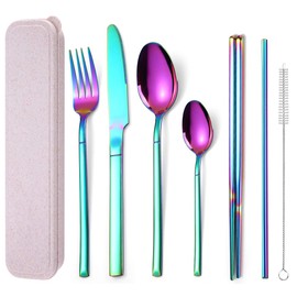 AARAINBOW - Juego de 7 cubiertos de acero inoxidable, portátil, reutilizable, juego de utensilios de viaje, incluye palillos, cuchillos, tenedores, cucharas, pajitas, cepillo para polvo de limpieza,