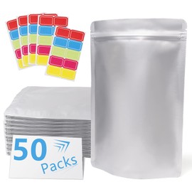 50 Pack 7.8 Mil 4''x6'' Mylar Bags for Long-term Food Storage with 50 Labers, Resealable Smell Proof Heat Sealable Bags for edible packaging, Strong Sealing Stand-up Foil Pouch Bags for Tea Dry Food
