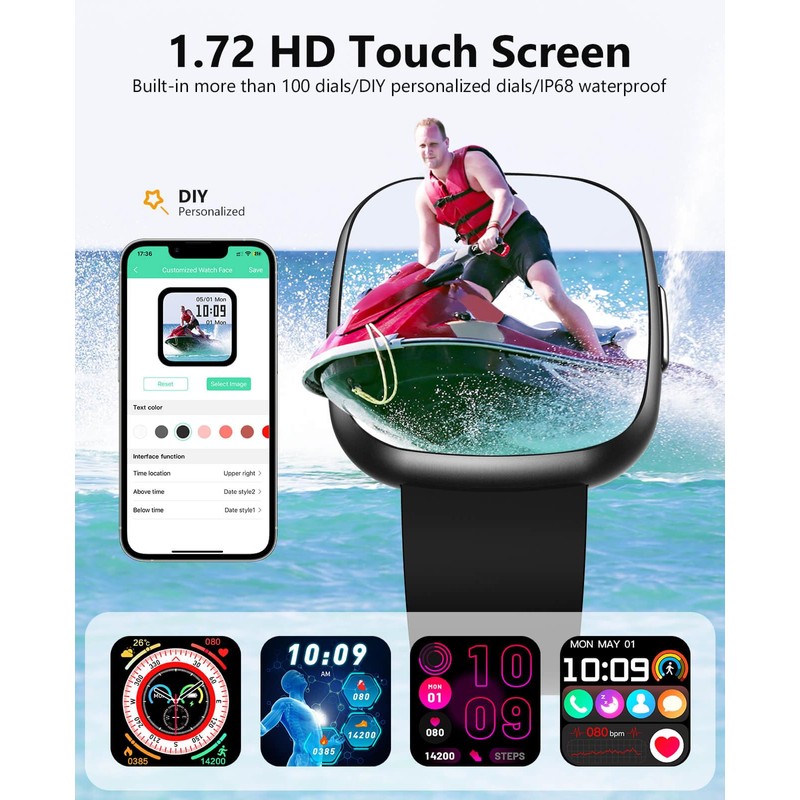 BooaBei Smart Watches, 1.72" Smartwatch for Men Women (Answer/Make Call),