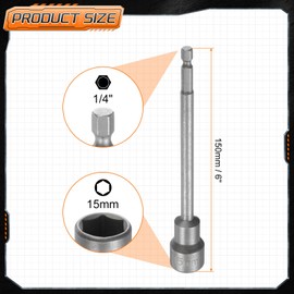 sourcing map 5pcs Nut Driver Drill Bit 15mm Metric Impact Socket 1/4" Hex Shank 6" (150mm) Extra Long Magnetic 6-Point Sockets Quick-Change CR-V Steel Bolt Setter for Power Drill Drivers