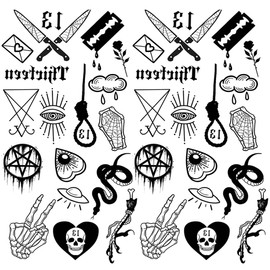 Oottati Small Cute Temporary Tattoo Sticker Set of 2 - Halloween Scary Black Heart Eye Skull Bone Totem Snake Knife Designs for Hand Neck Face Wrist Finger, Waterproof Fake Body Art