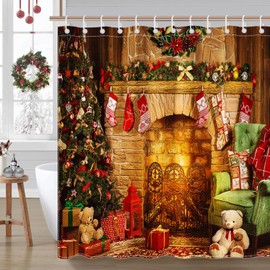 Avezano Christmas Fireplace Shower Curtain Xmas Tree Fireplace Bathroom Shower Curtain Christmas Holiday Waterproof Bathtub Curtain Decor with 12 Hooks 72 X 72 Inches